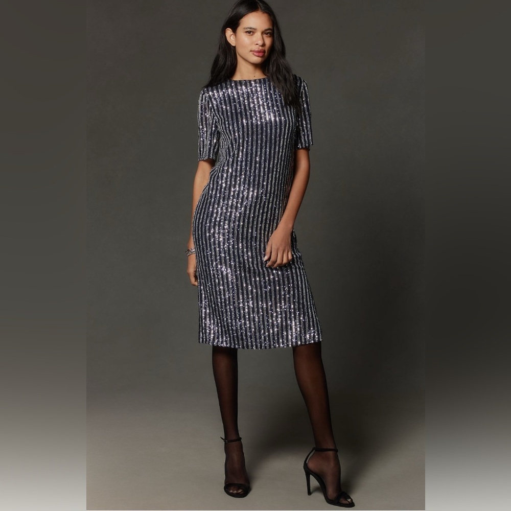 Anthropologie Flat White Short-Sleeve Sequin Stripe Midi Dress